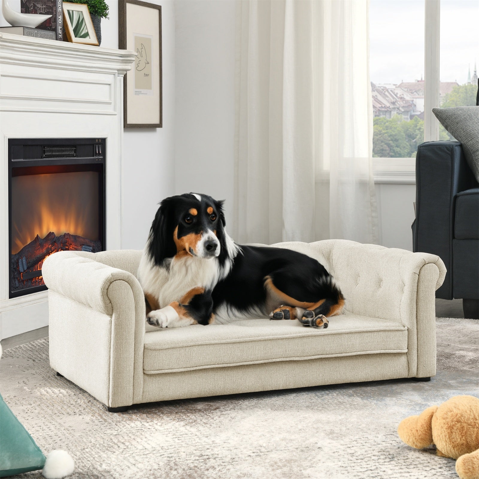 Majestic Pet Lounge - Opulent Rectangular Linen Sofa with Curved Backrest - Woofcuties