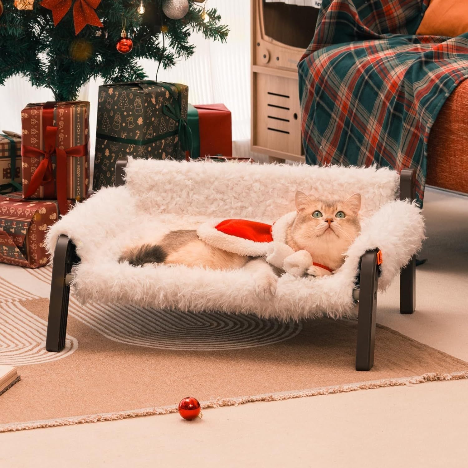 Tranquil Elevated Feline Lounge - Lavish Plush Sofa Bed with Secure Base - Woofcuties