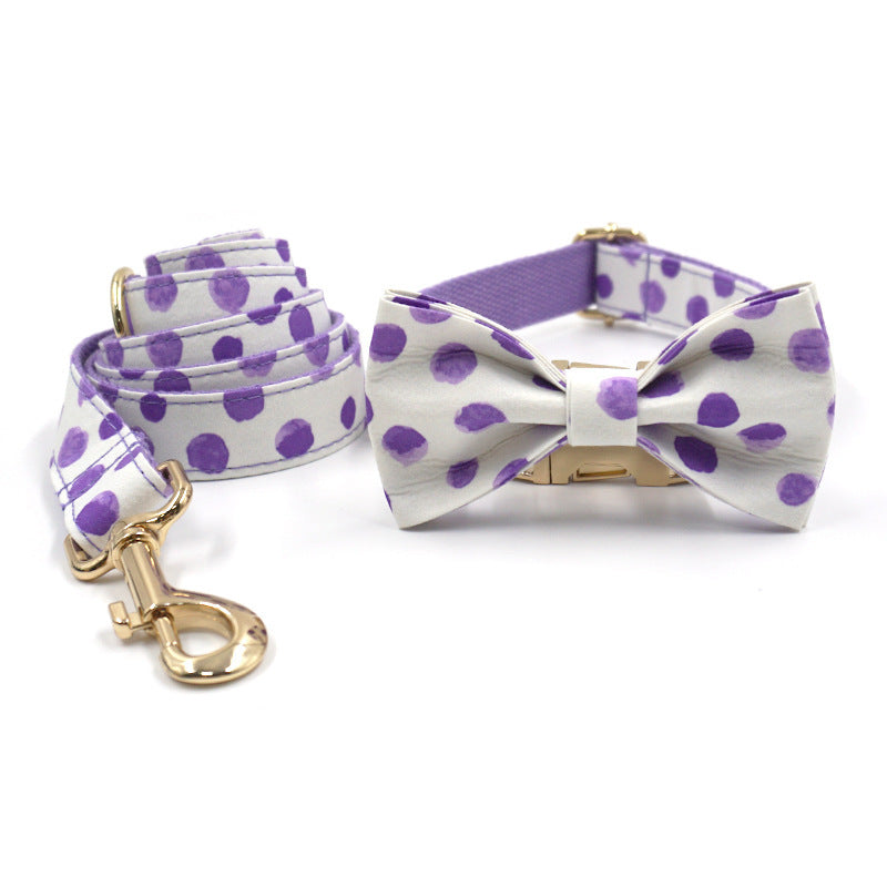 Breezy Wind Purple Polka Dot Dog Collar Leash Bow Set - Woofcuties