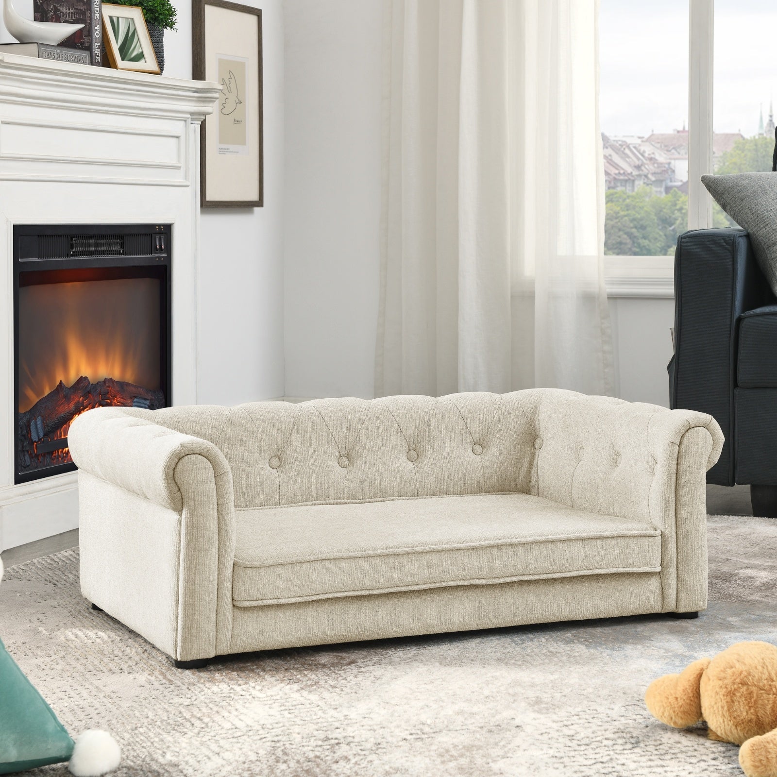 Majestic Pet Lounge - Opulent Rectangular Linen Sofa with Curved Backrest - Woofcuties
