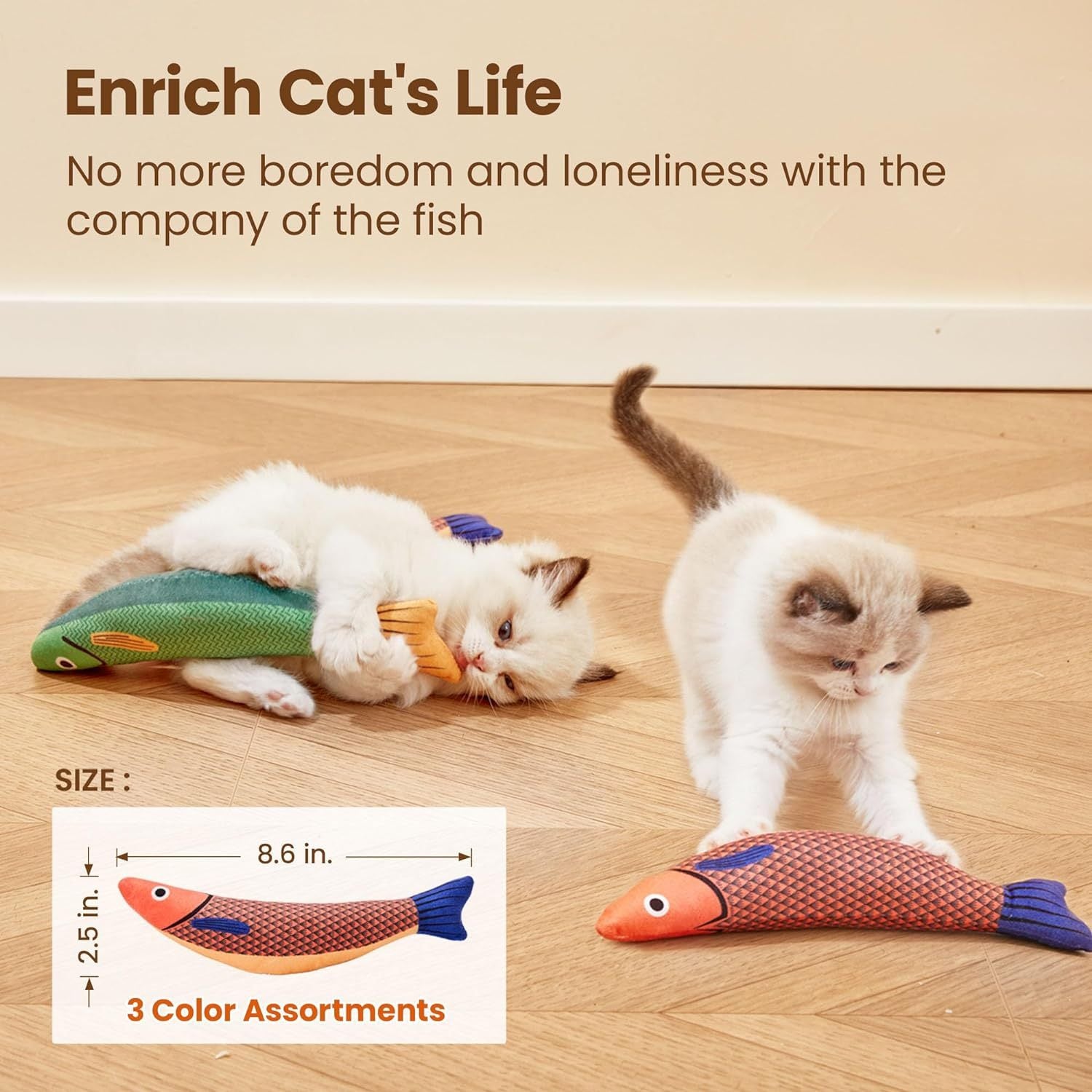 Two cats playing with fish-shaped toys on a wooden floor, with text promoting enrichment and combating boredom.