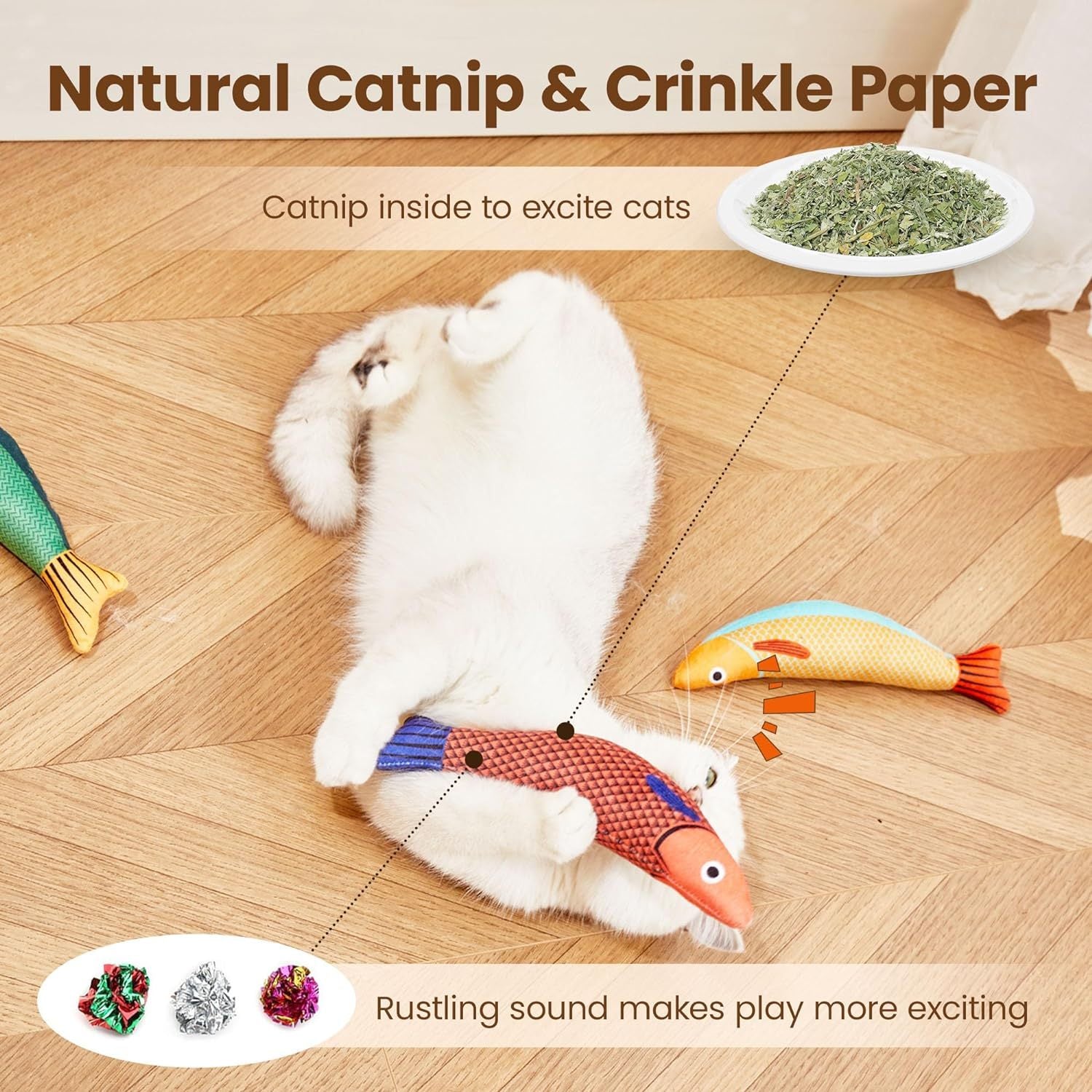 Cat playing with red saury fish catnip toy highlighting crinkle paper inside