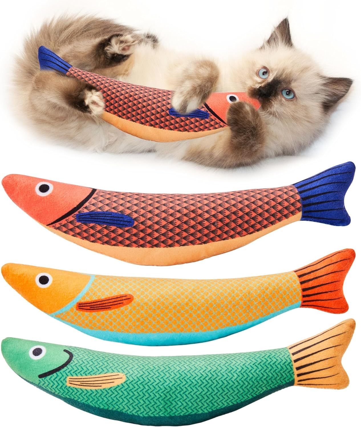 Cat playing with red saury fish catnip toy with green and yellow toys displayed