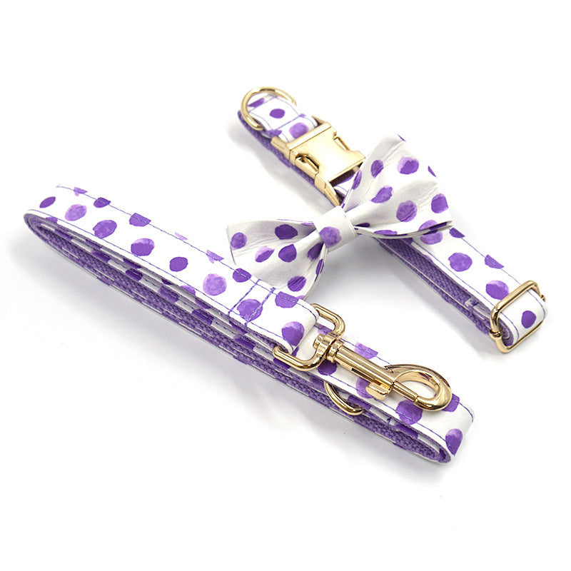 Breezy Wind Purple Polka Dot Dog Collar Leash Bow Set - Woofcuties