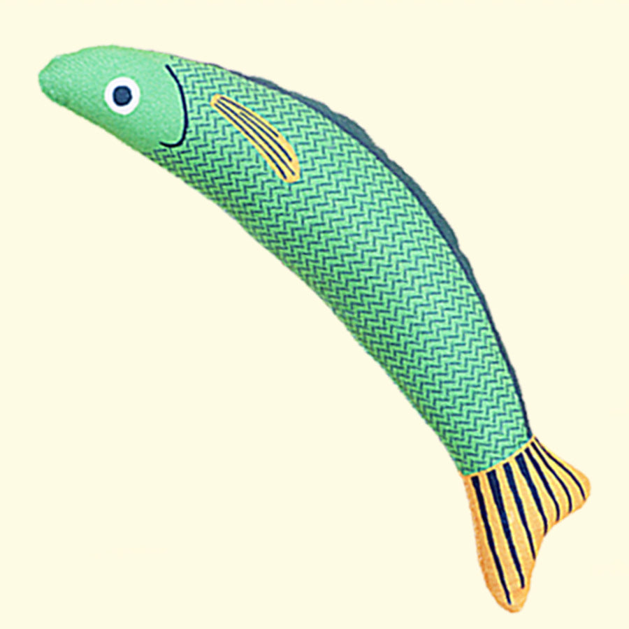 Green saury fish cat toy with organic catnip and crinkle sound