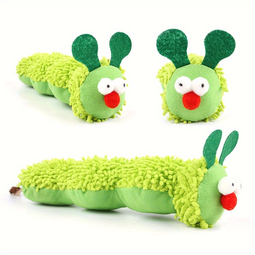 Interactive green caterpillar plush cat toy shown from multiple angles