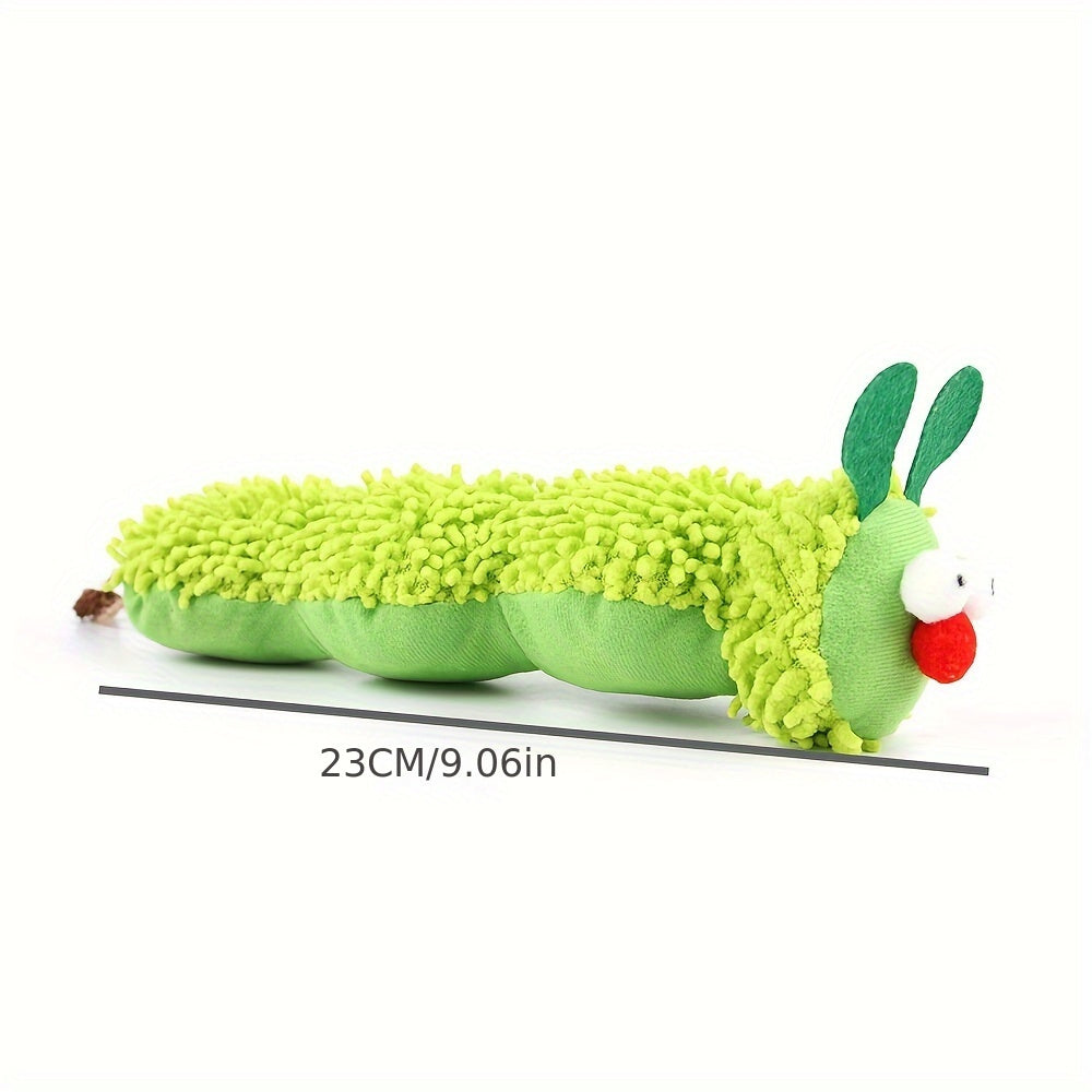 Green caterpillar plush cat toy with 23 cm length measurement displayed