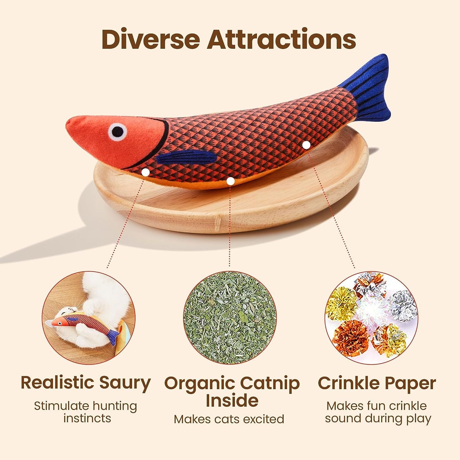Red saury fish catnip toy on plate showing organic catnip and crinkle paper benefits
