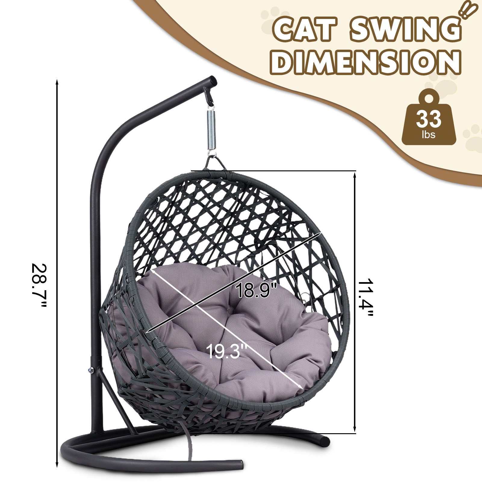 Cat Swing Bed - Plush Rattan-Look Egg Chair with Sumptuous Cushion - Woofcuties