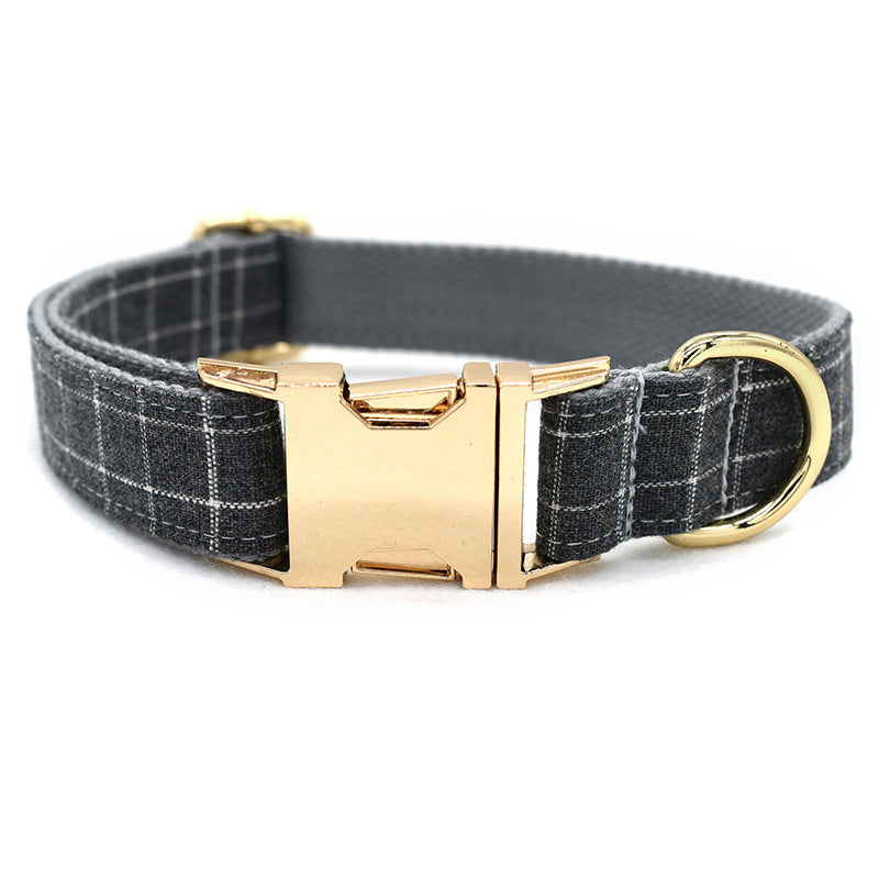 Chic Grey Plaid Dog Collar with Golden Metal Button - Woofcuties