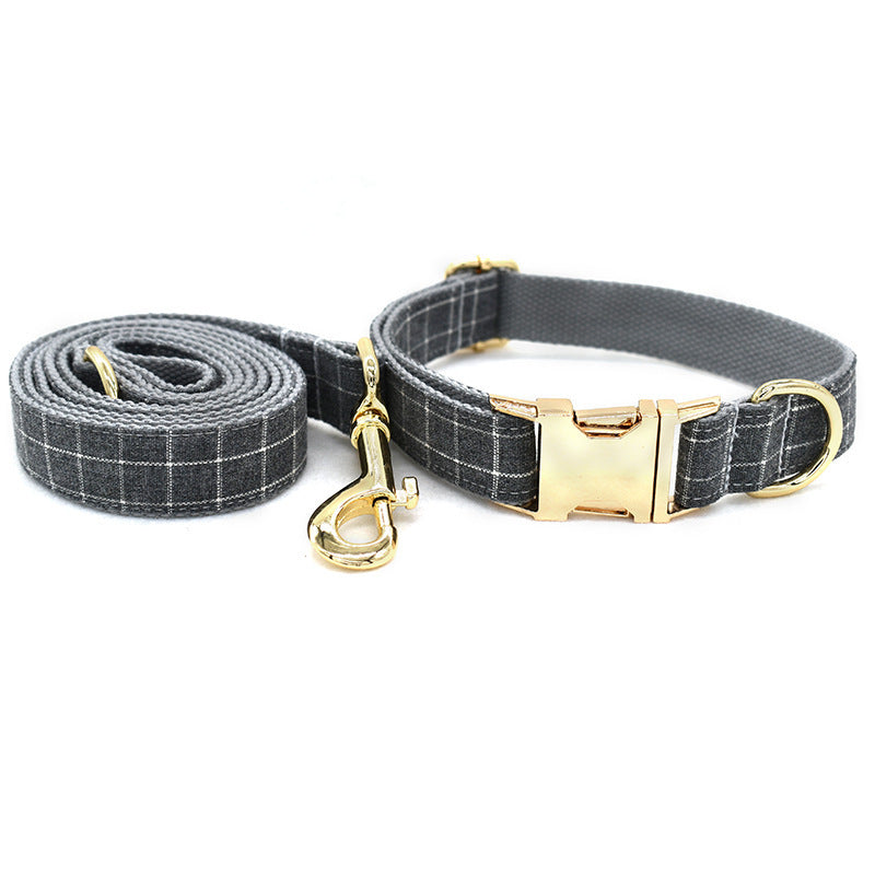 Chic Grey Plaid Dog Collar with Golden Metal Button - Woofcuties