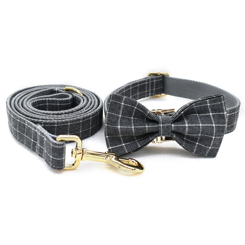 Chic Grey Plaid Dog Collar with Golden Metal Button - Woofcuties