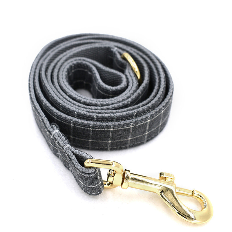 Chic Grey Plaid Dog Collar with Golden Metal Button - Woofcuties
