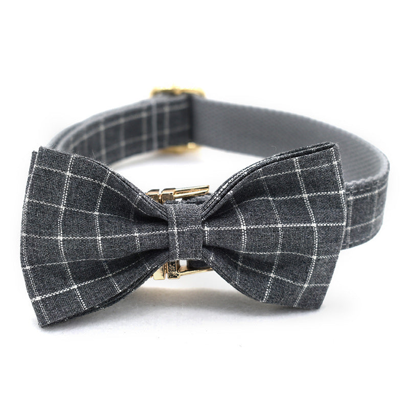Chic Grey Plaid Dog Collar with Golden Metal Button - Woofcuties