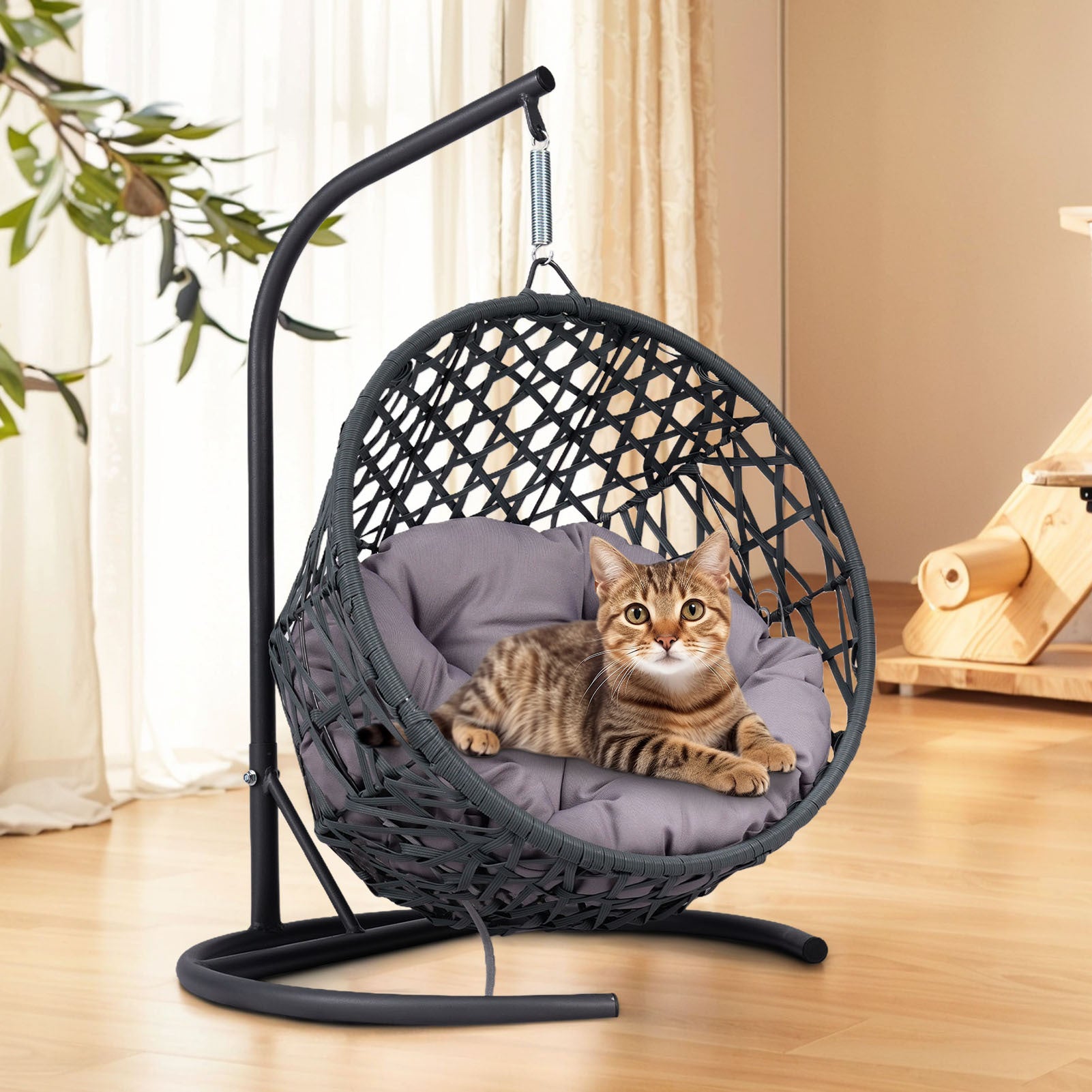 Cat Swing Bed - Plush Rattan-Look Egg Chair with Sumptuous Cushion - Woofcuties