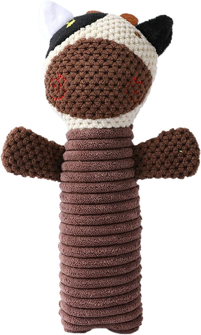 Brown cat shaped squeaky dog chew toy with soft plush texture