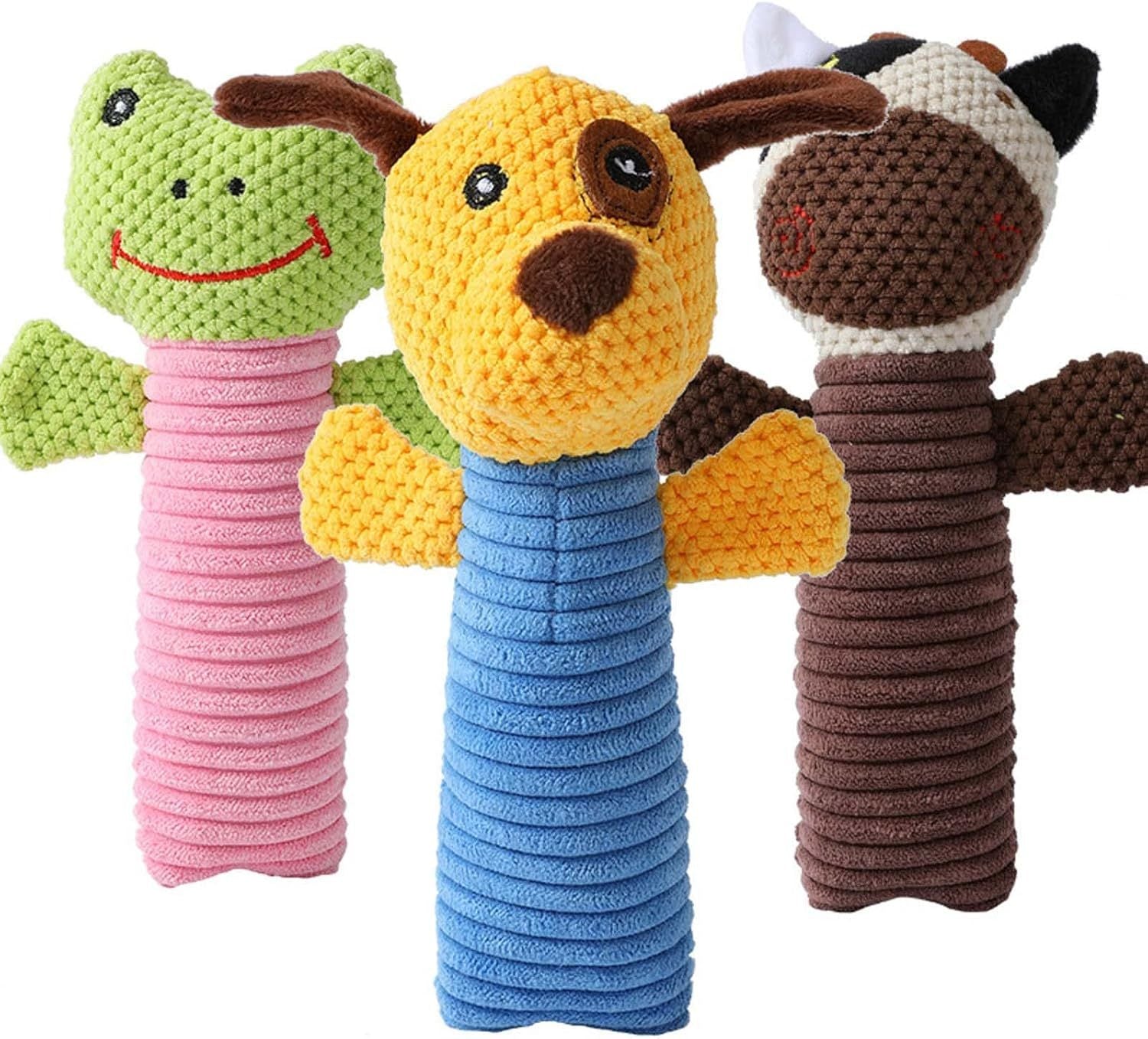 Top view of colorful squeaky plush dog toys with frog, dog, and cat designs