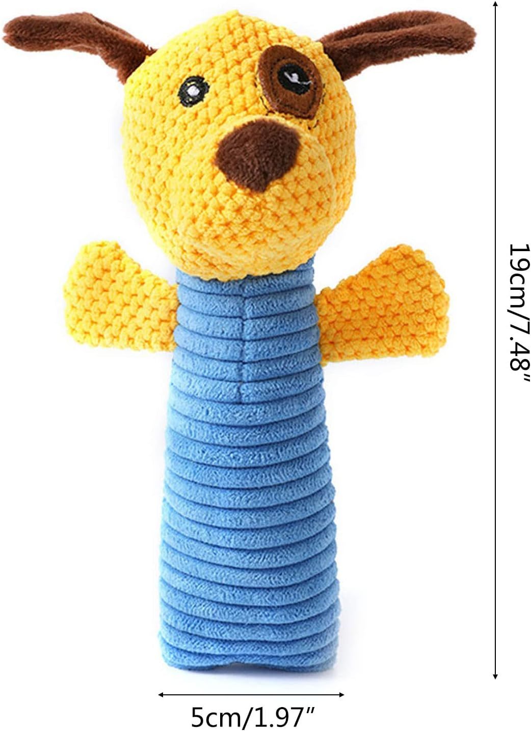 Yellow dog squeaky plush chew toy with 19 cm height and 5 cm width